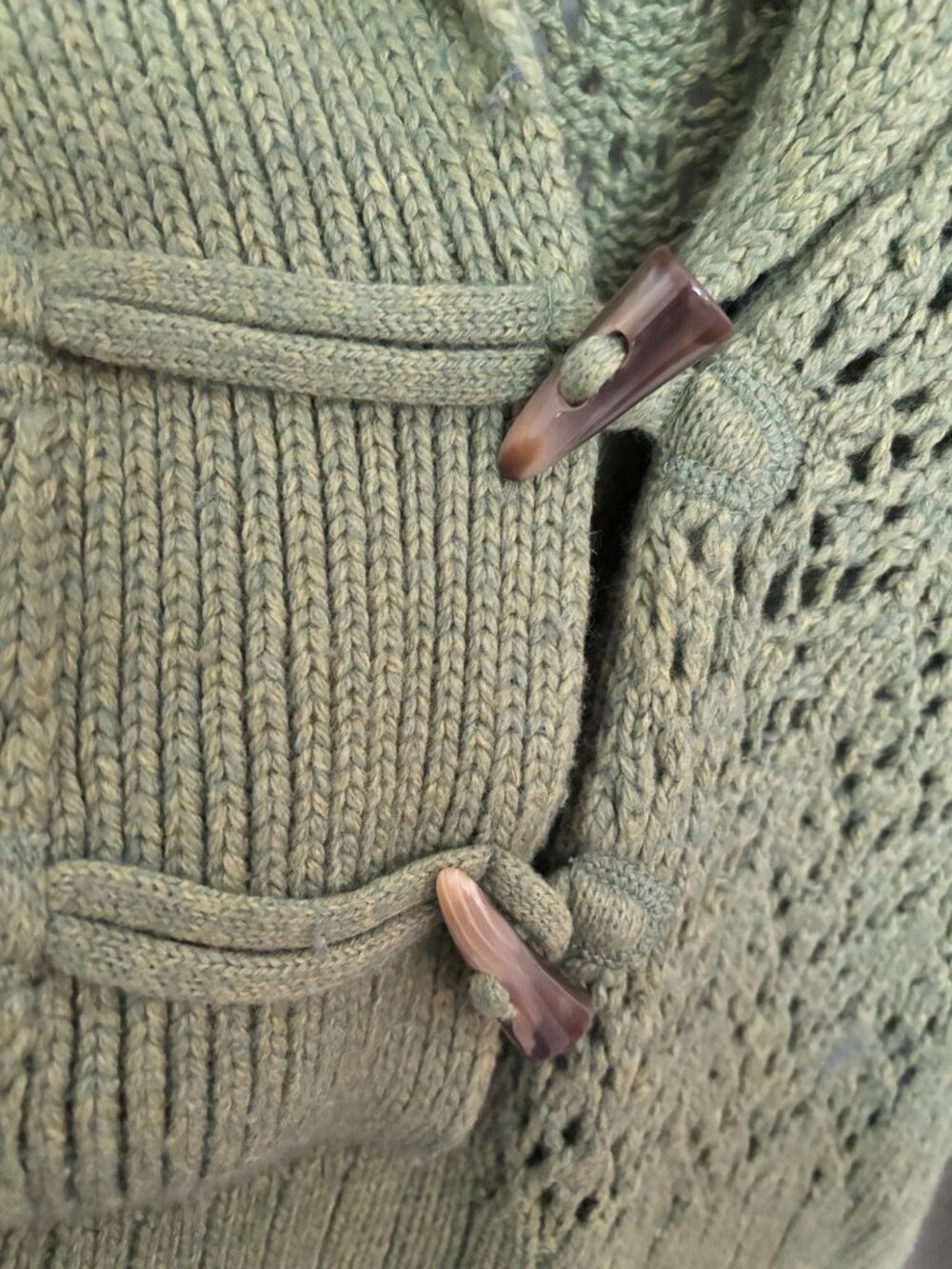 Old Navy Green Open Knit Cardigan Sweater Womens Medium Shawl Collar Toggle Clos - Picture 10 of 11